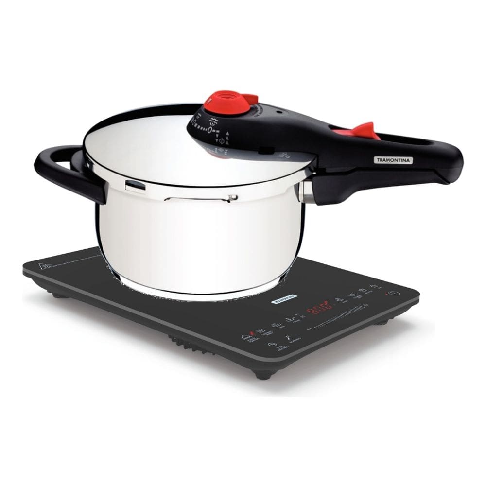 Kit Cooktop Portátil Indução 127V Tramontina Preto C/ Panela de Pressão Solar Inox 4,5L