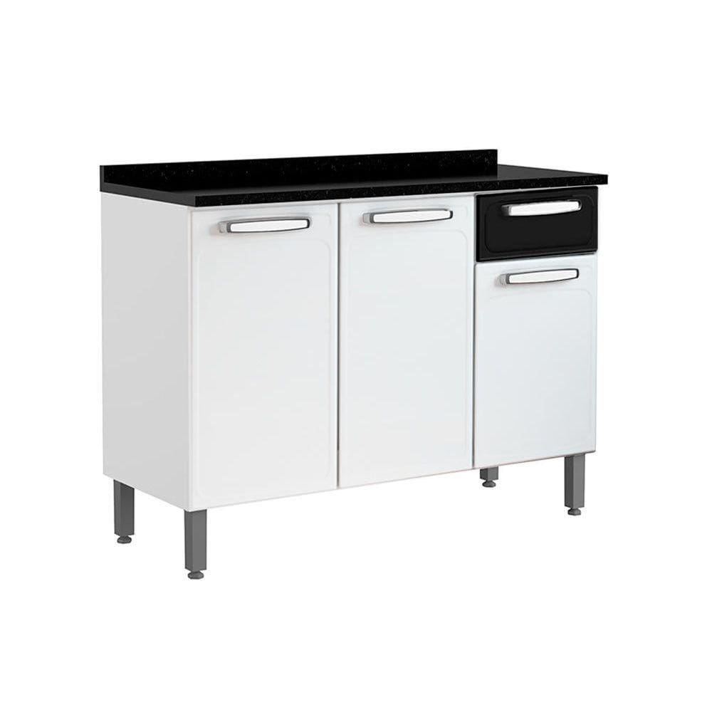 Balcão de Cozinha Modulado c/ Tampo Evidence 7122 c/ 3 Portas e 1 Gaveta 120cm Branco/Preto - Bertolini