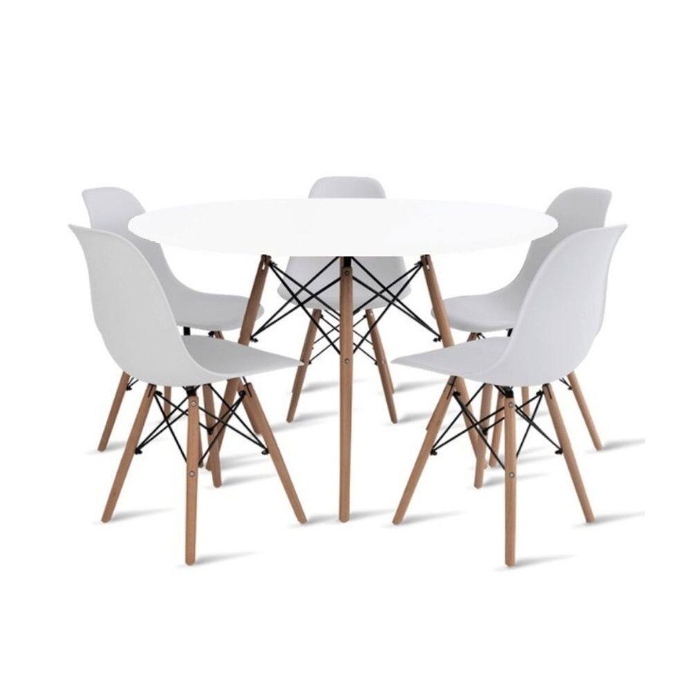 Conjunto de Mesa de Jantar Eames Eiffel Redonda 110cm Tampo de Madeira com 5 Cadeiras - Branco