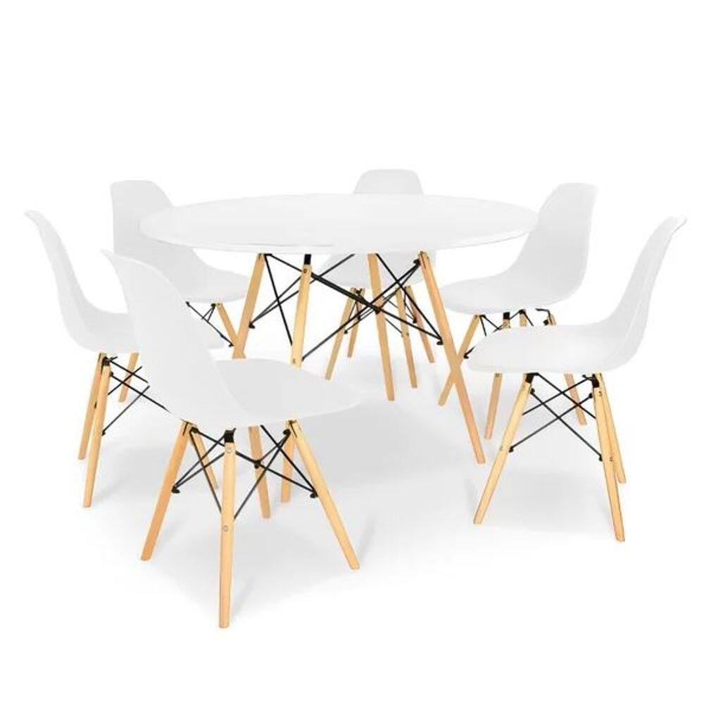 Conjunto de Mesa de Jantar Eames Eiffel Redonda 110cm Tampo de Madeira com 6 Cadeiras - Branco