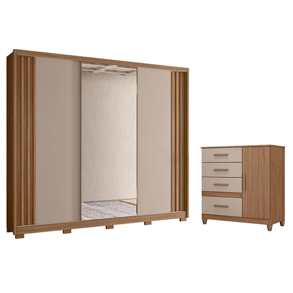 Guarda Roupa Casal Arizona e Cômoda Vênus Carvalho Fendi com Pés - Moval
