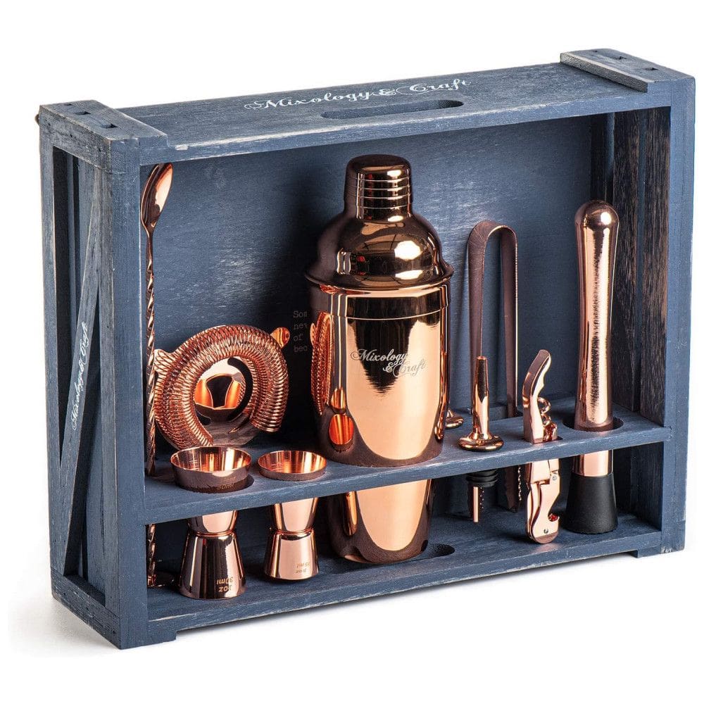 Mixology Kit Bn Profissional 24 Peças em Aço Inoxidável com Suporte Rústico, Azul
