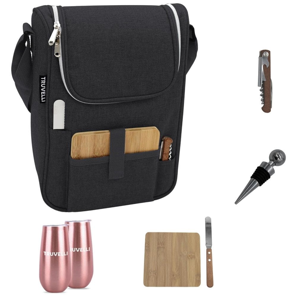 Bolsa Térmica para Vinho Truvelli Black - Kit Picnic Portátil para 2 Garrafas de Vinho com Queijo - À Prova d`Água - Acessórios