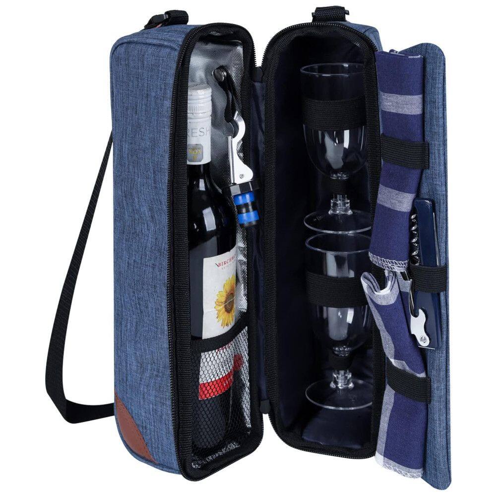 Bolsa Térmica para Vinho ALLCAMP com Compartimento Refrigerado - Conjunto de Piquenique com Duas Porções de Talheres - Azul