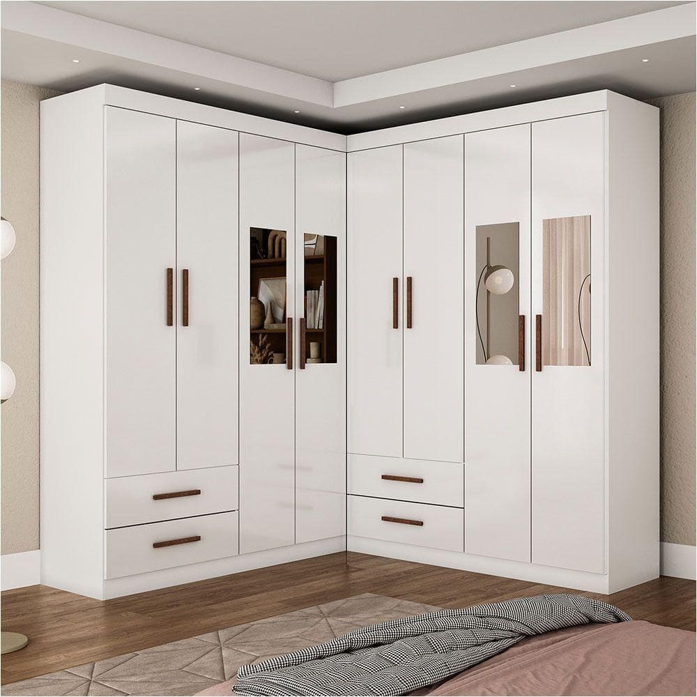 Closet Casal Duplo Lu 8 Portas 4 Gavetas Com Espelho Branco