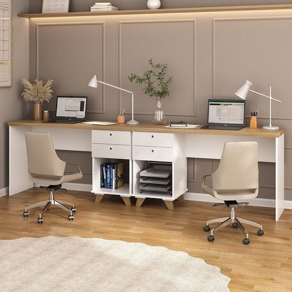 Kit Home Office e Escritório Completo para 2 Pessoas - 2 Peças - Escrivaninha Sky Retrô Olmo/Branco
