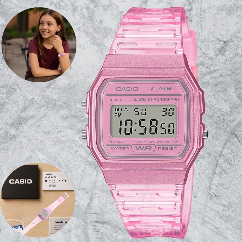 Relógio Casio Retrô F-91WS-4DF Rosa Transparente Digital Feminino Juvenil Infantil Cronômetro Escolar Resistente Água Alarme