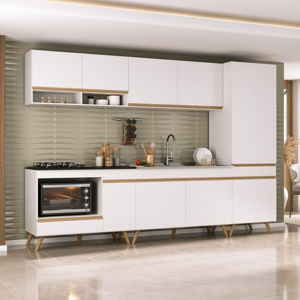 Cozinha Modulada Completa Compacta 5 Peças Com Balcão Para Cooktop Veneza Multimóveis Mp2270 Branco Dourado