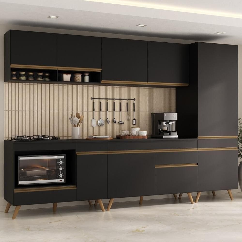 Cozinha Modulada Completa Compacta 5 Peças Com Balcão Para Cooktop Veneza Multimóveis Mp2266 Preto Dourado