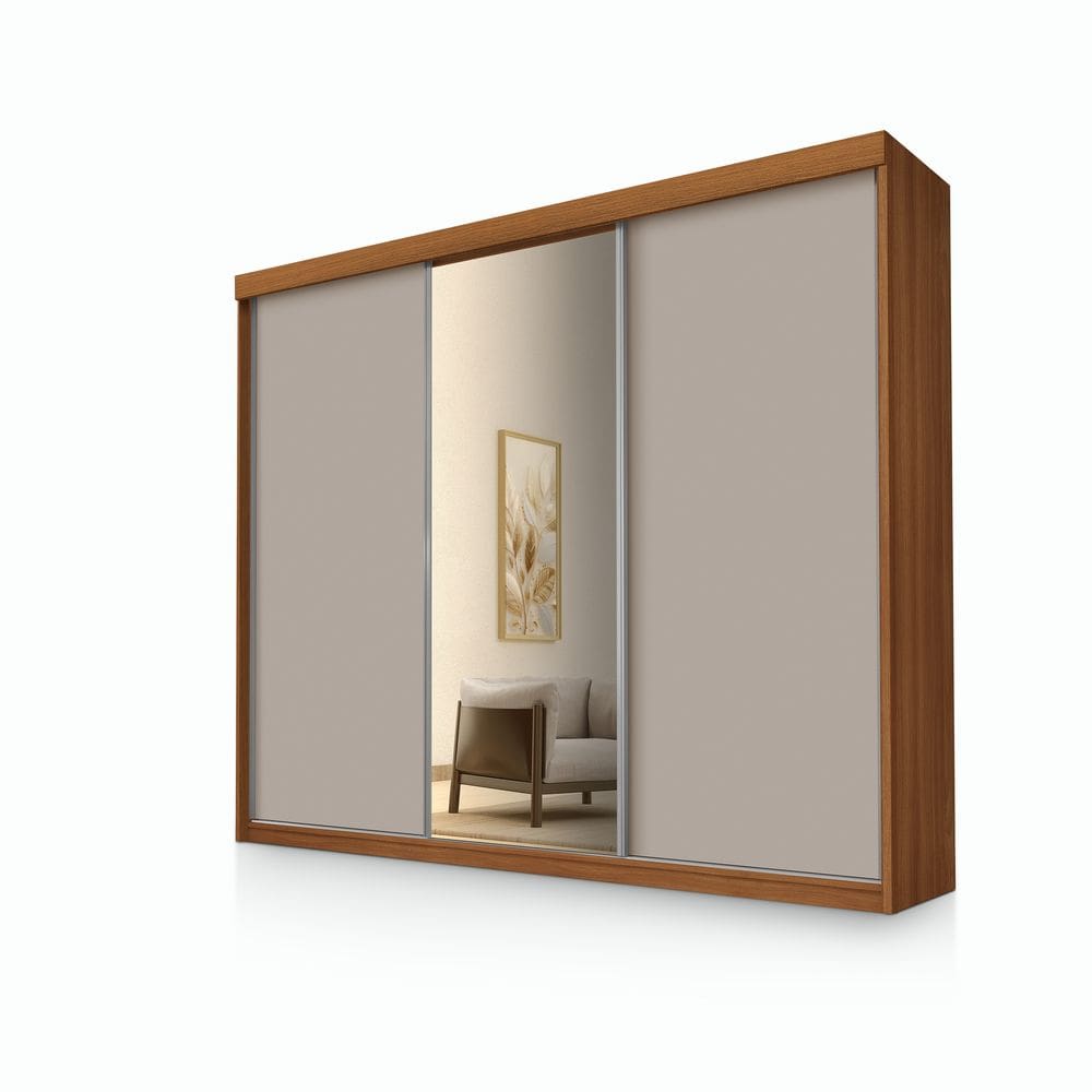 Roupeiro Casal Luxo Florença 100% Mdf 3 Portas de Correr 5 Gavetas Trilhos em Alumínio Espelho - Luapa - Carvalho/Mani