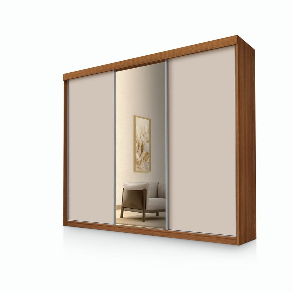 Roupeiro Casal Luxo Florença 100% Mdf 3 Portas de Correr 5 Gavetas Trilhos em Alumínio Espelho - Luapa - Carvalho/Off