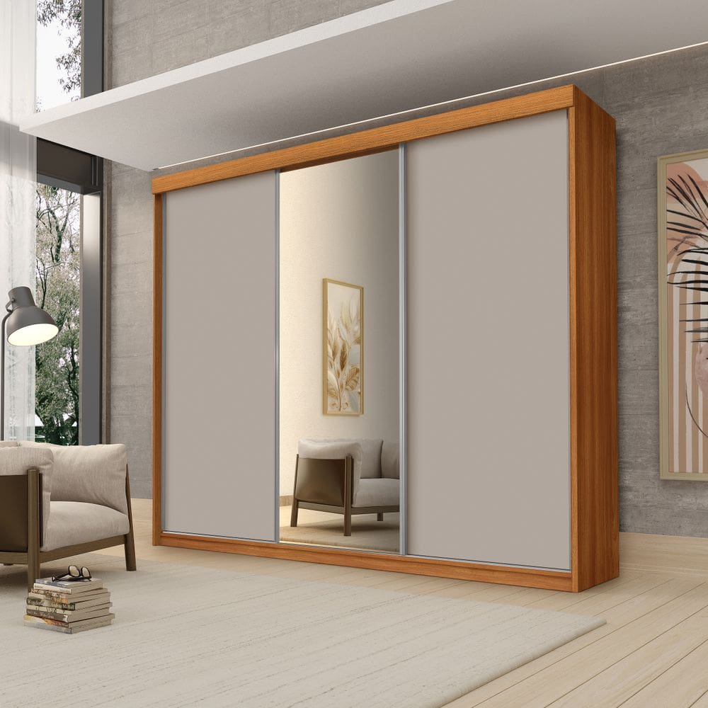 Roupeiro Casal Luxo Florença 100% Mdf 3 Portas de Correr 5 Gavetas Trilhos em Alumínio Espelho - Luapa - Freijó/Mani
