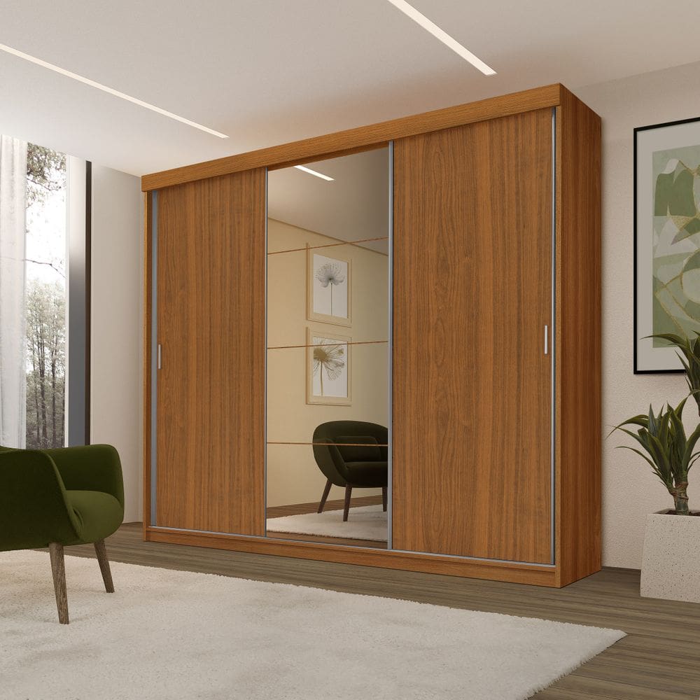 Roupeiro Casal Luxo Imola 100% Mdf 3 Portas de Correr 5 Gavetas Trilhos em Alumínio C/ Espelho - Luapa - Carvalho