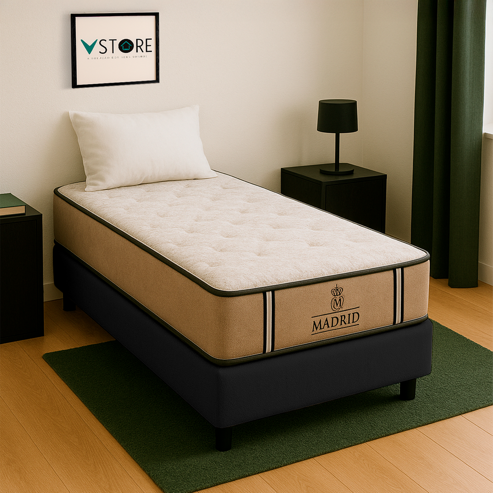 Cama Box Solteiro e Colchão Madrid Molas V-Store 88x188x28