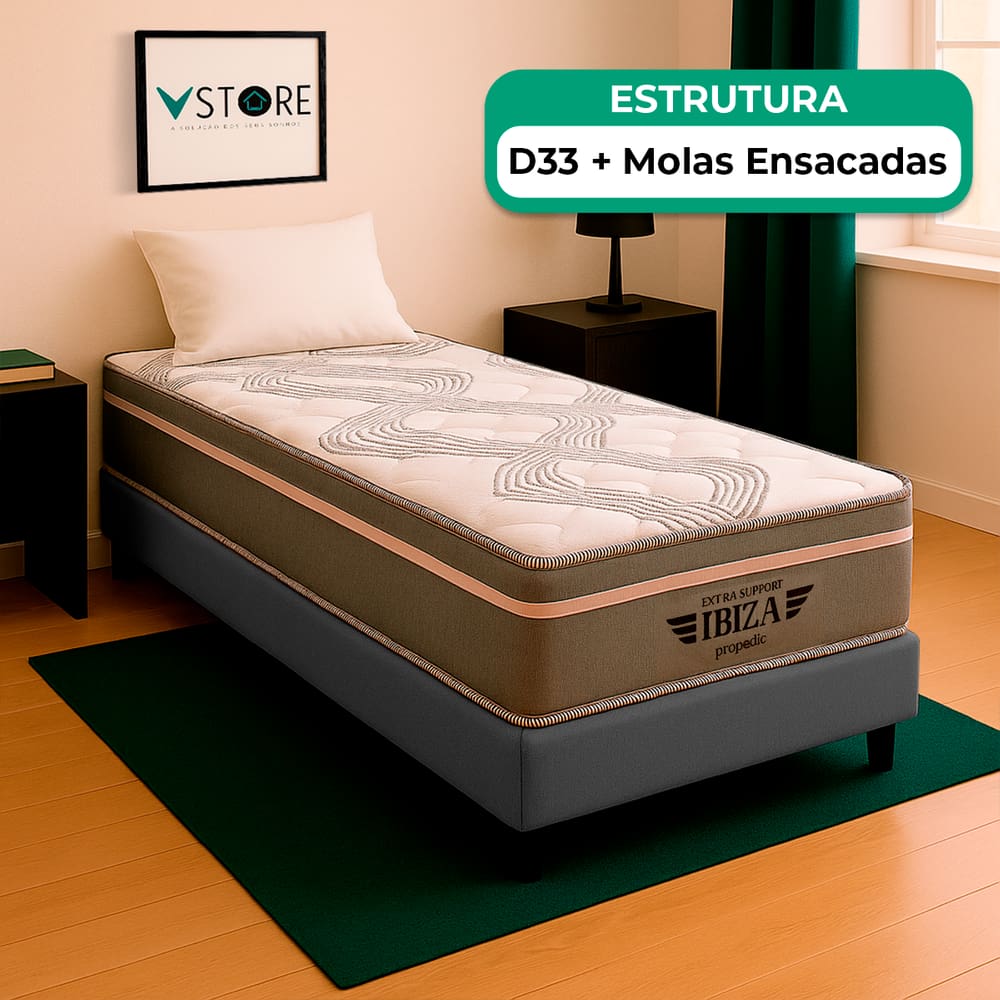 Cama Box Solteiro e Colchão Ibiza Molas V-Store 88x188x22