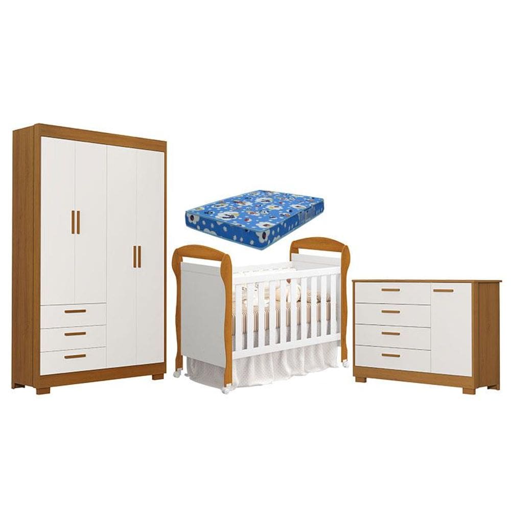 Quarto de Bebê Zaki e Berço Americano Danny Branco Acetinado Savana com Colchão Ortobom - Reller