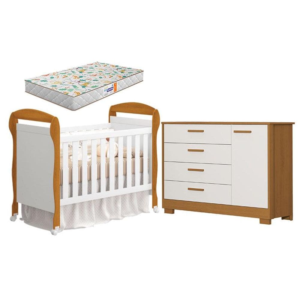 Berço Americano Danny e Cômoda Infantil Zaki Branco Acetinado Savana com Colchão Gazin - Reller