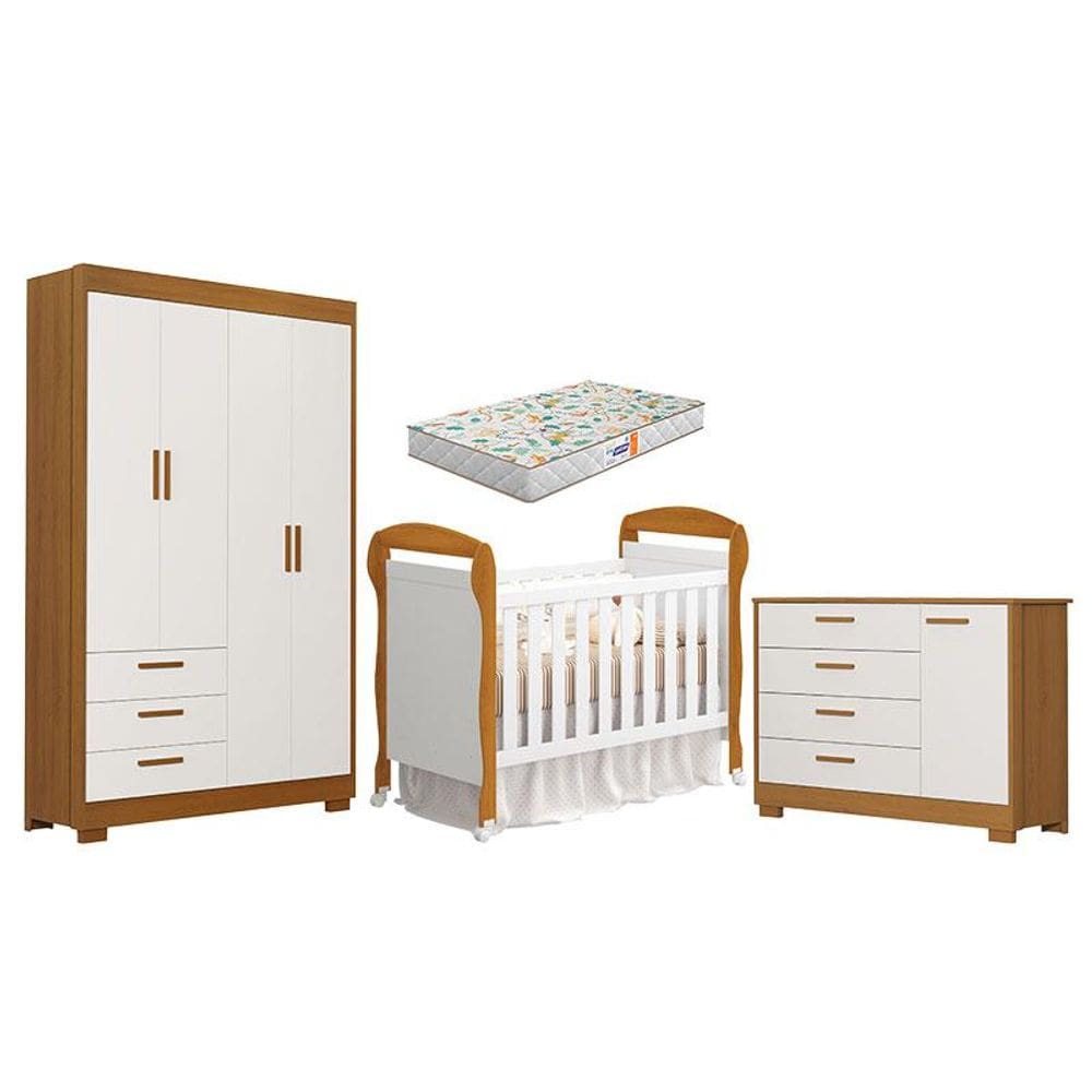Quarto de Bebê Zaki e Berço Americano Danny Branco Acetinado Savana com Colchão Gazin - Reller