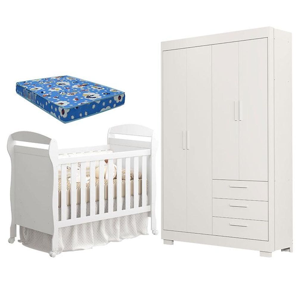 Berço Americano Danny e Guarda Roupa Infantil Zaki Branco Acetinado com Colchão Ortobom - Reller
