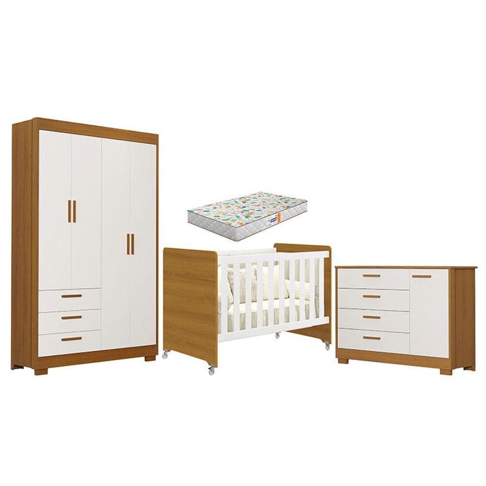 Quarto de Bebê Zaki e Berço Americano Evolution 4 em 1 Branco Acetinado Savana com Colchão Gazin - Reller