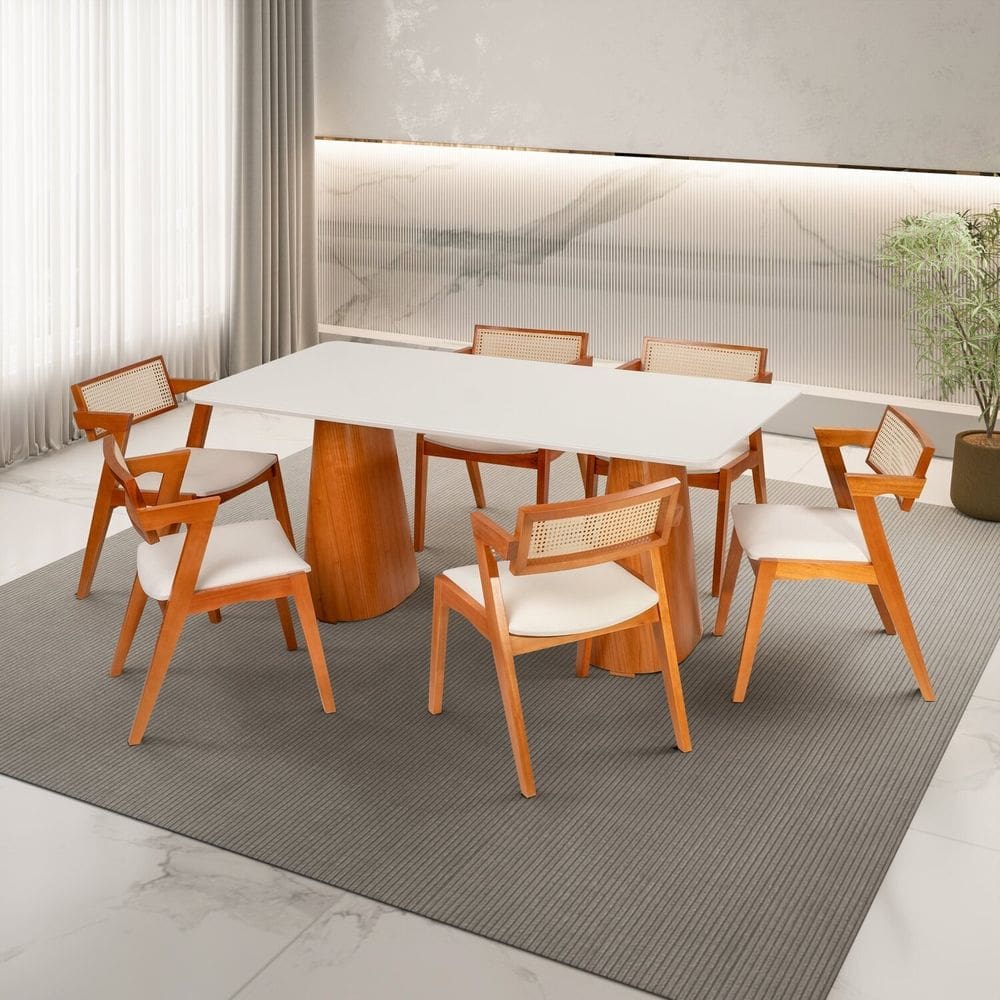 Conjunto Mesa Fortaleza com 6 Cadeiras em Madeira Maciça, Rattan 100% Natural e Estofada Verona Espr Champagnhe/Off White