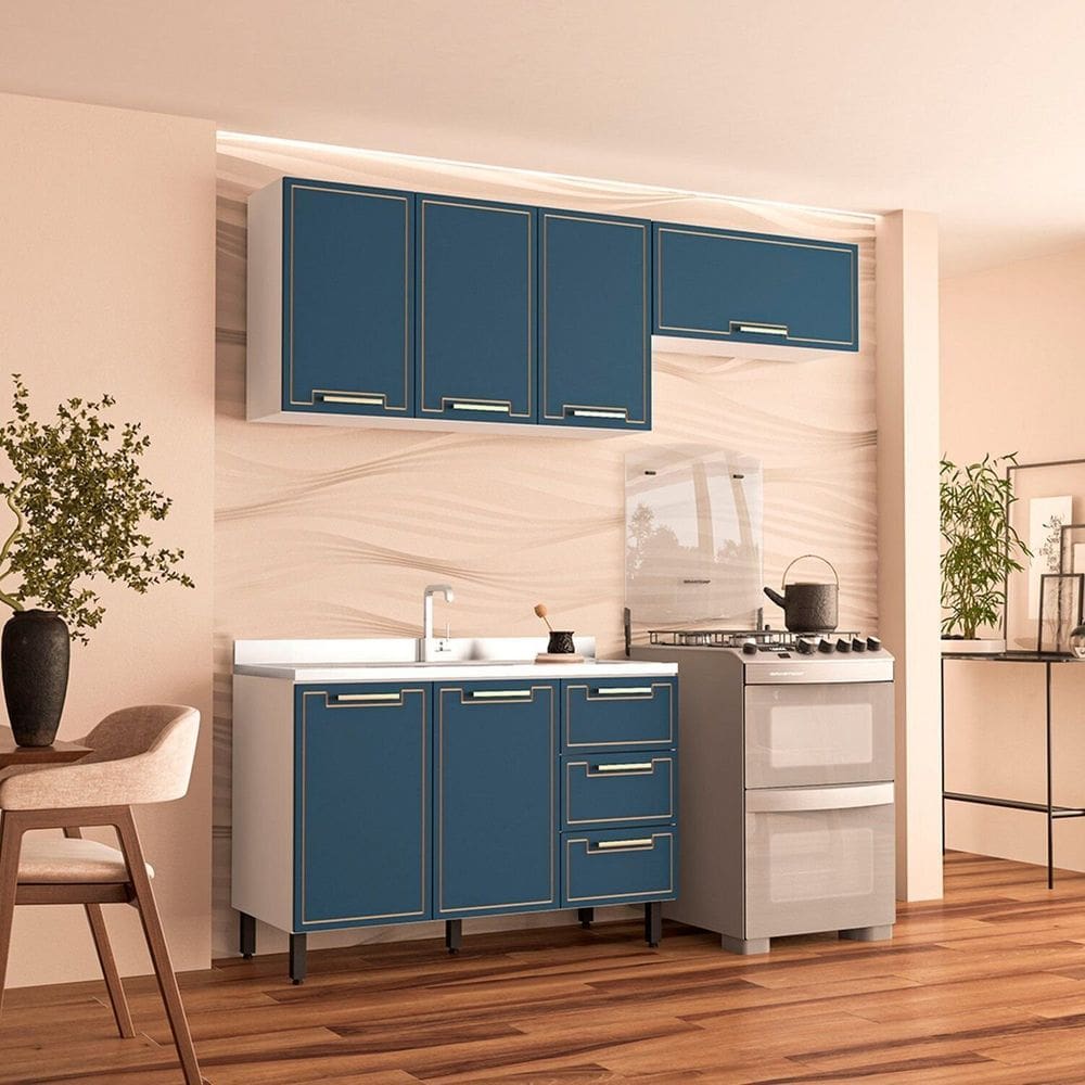 Cozinha Completa 3 Peças 224cmx200cm Branco/Azul
