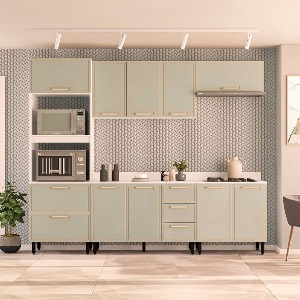 Cozinha Completa 5 Peças 224,5cmx270cm Amara Branco/Verde Oliva