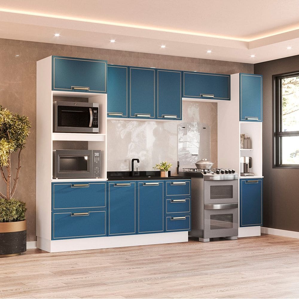 Cozinha Completa 5 Peças 224,5cmx310cm Amara Branco/Azul