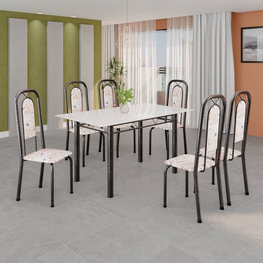 Conjunto de Mesa Tubular com 6 Cadeiras Lara Bege / Prata