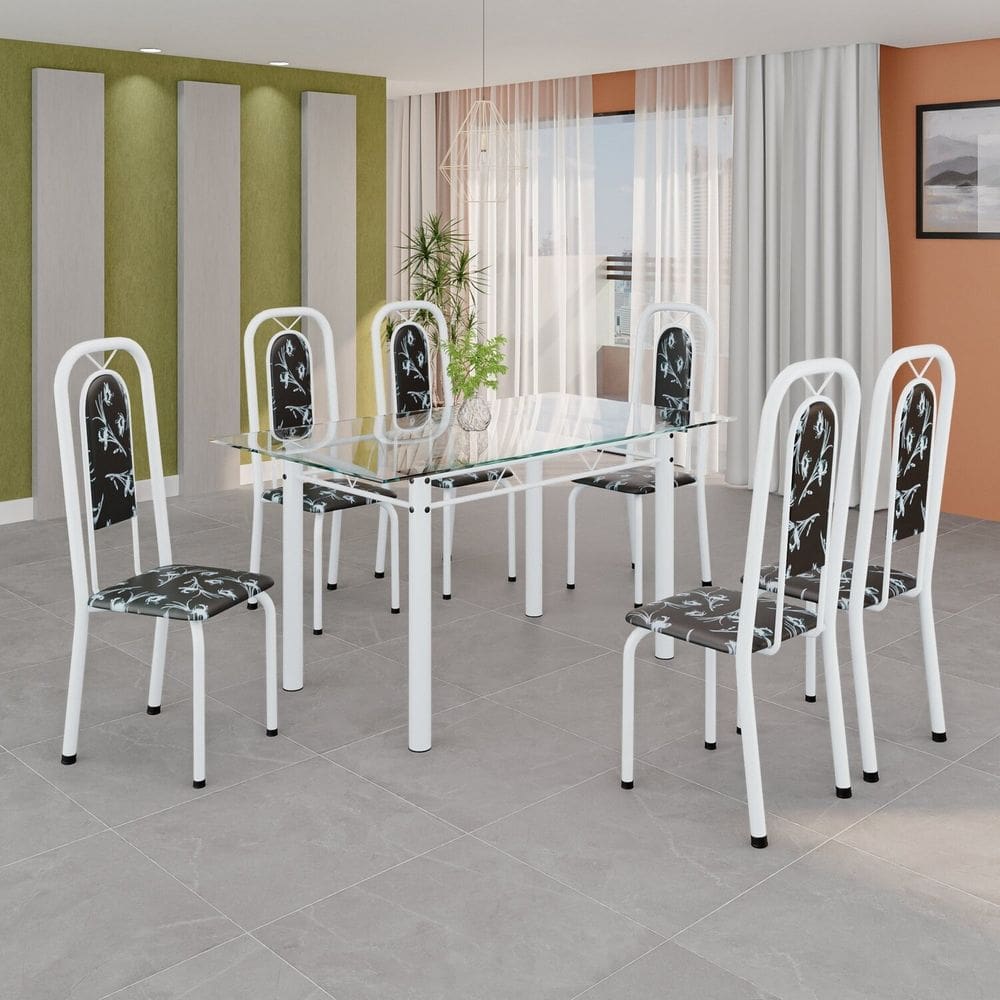 Conjunto de Mesa Tubular com 6 Cadeiras Lara Preto / Branco