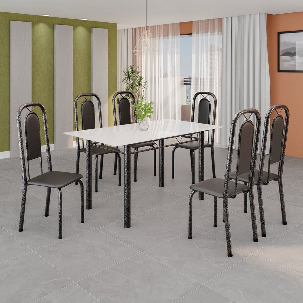 Conjunto de Mesa Tubular com 6 Cadeiras Lara Preto/ Prata