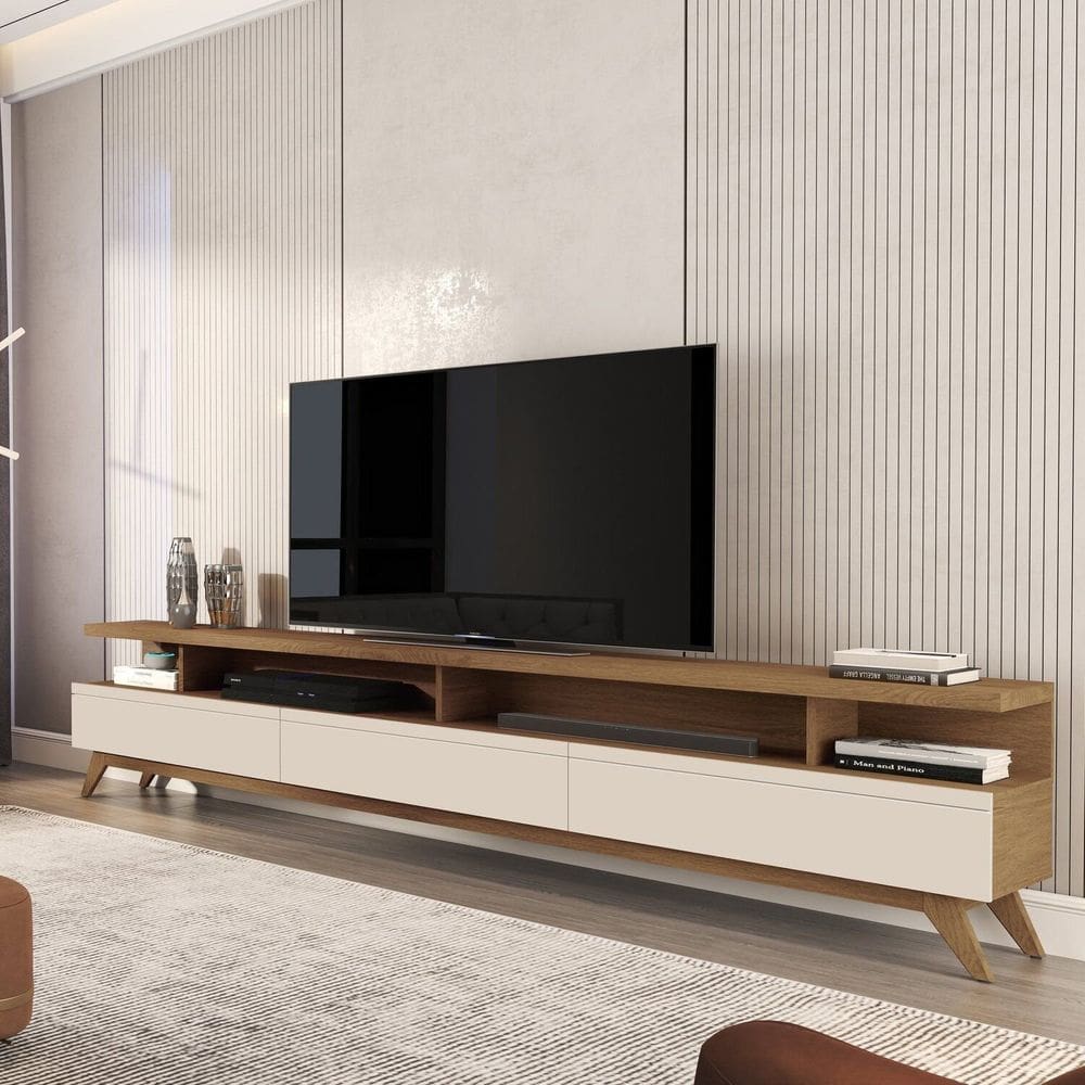 Rack para Tv 86 Polegadas Pés em Madeira Maciça Freijó/Off White