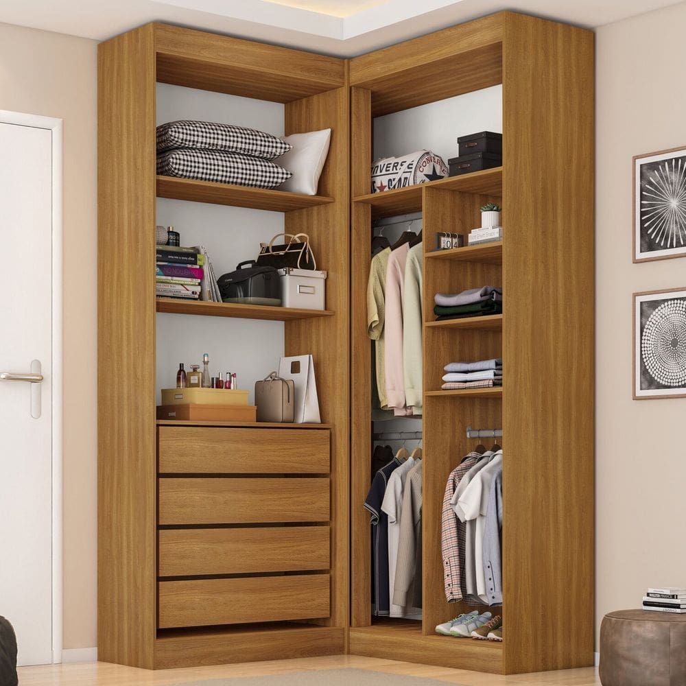 Guarda Roupa Closet Casal sem Portas Canto em L com 4 Gavetas e 3 Cabideiros Versatille Yescasa Freijó Com Branco
