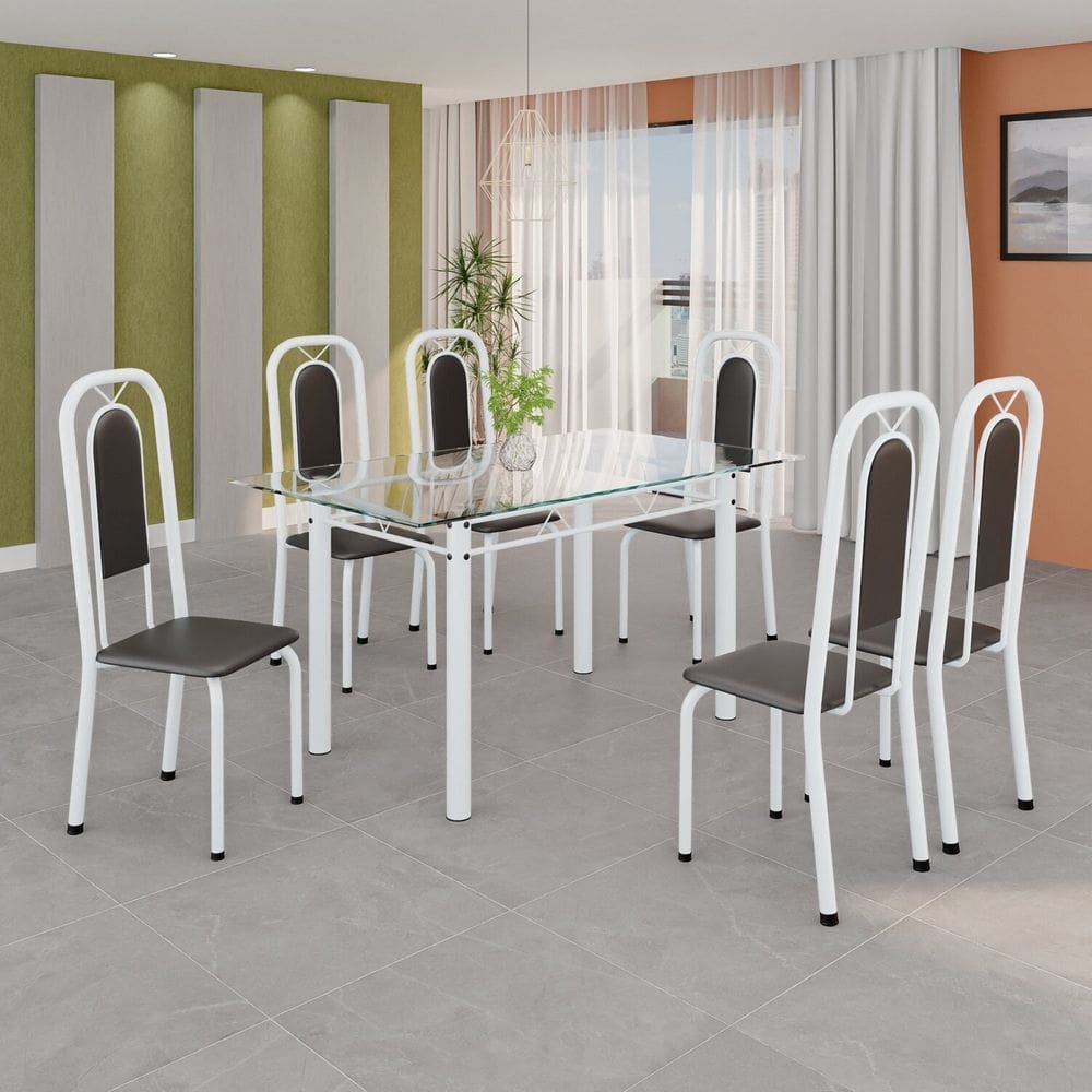 Conjunto de Mesa Tubular com 6 Cadeiras Lara Preto / Branco