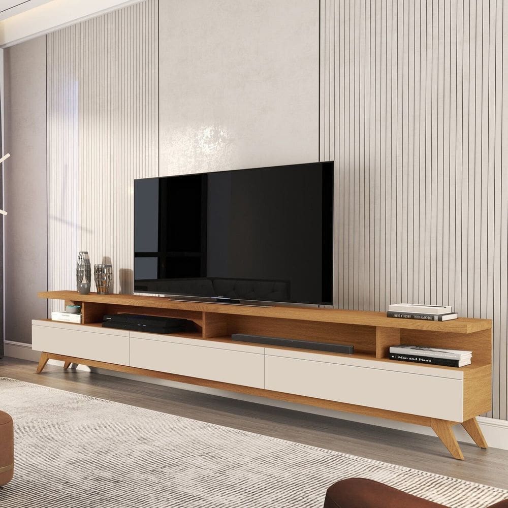 Rack para Tv 86 Polegadas Pés em Madeira Maçiça Marrom /Off White