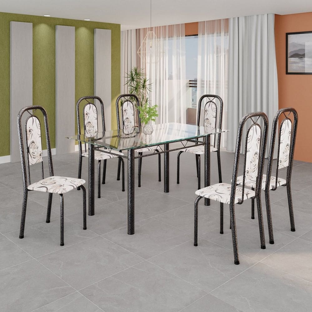 Conjunto de Mesa Tubular com 6 Cadeiras Lara Arabesco/Prata