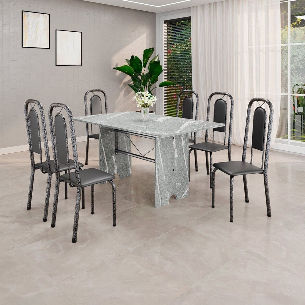 Conjunto Sala de Jantar com 6 Cadeiras Lara Preto / Prata