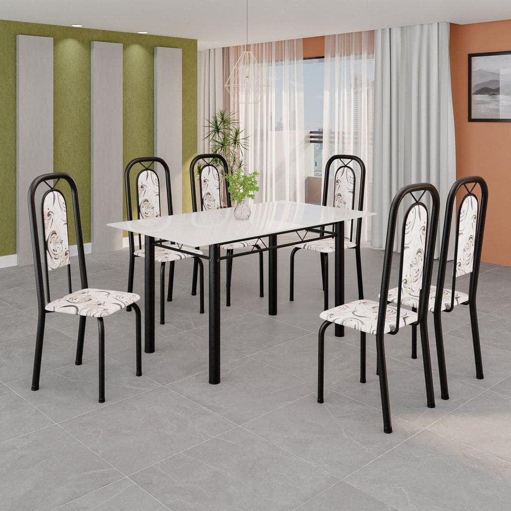 Conjunto de Mesa Tubular com 6 Cadeiras Lara Arabesco / Preto