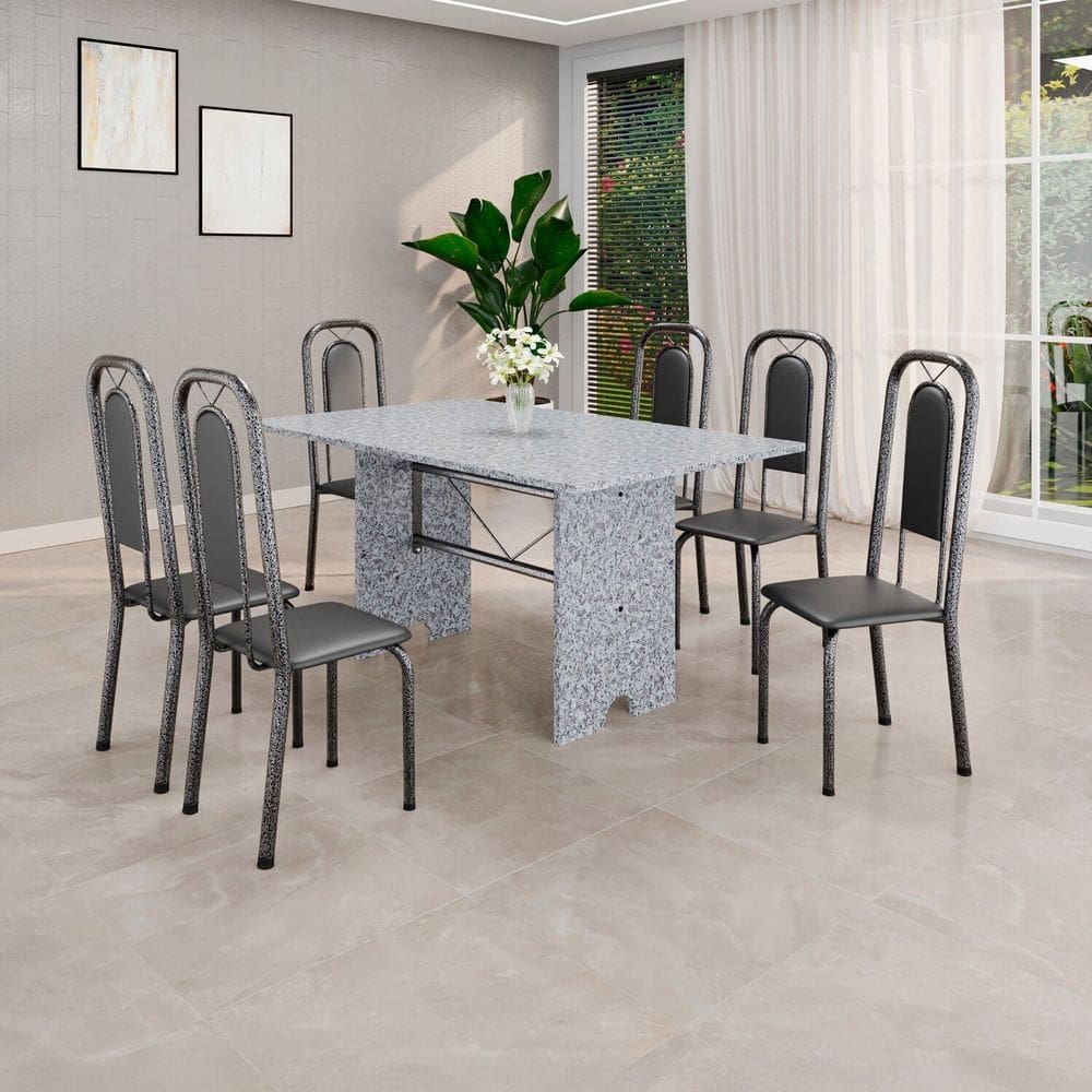 Conjunto Sala de Jantar com 6 Cadeiras Lara Preto / Prata