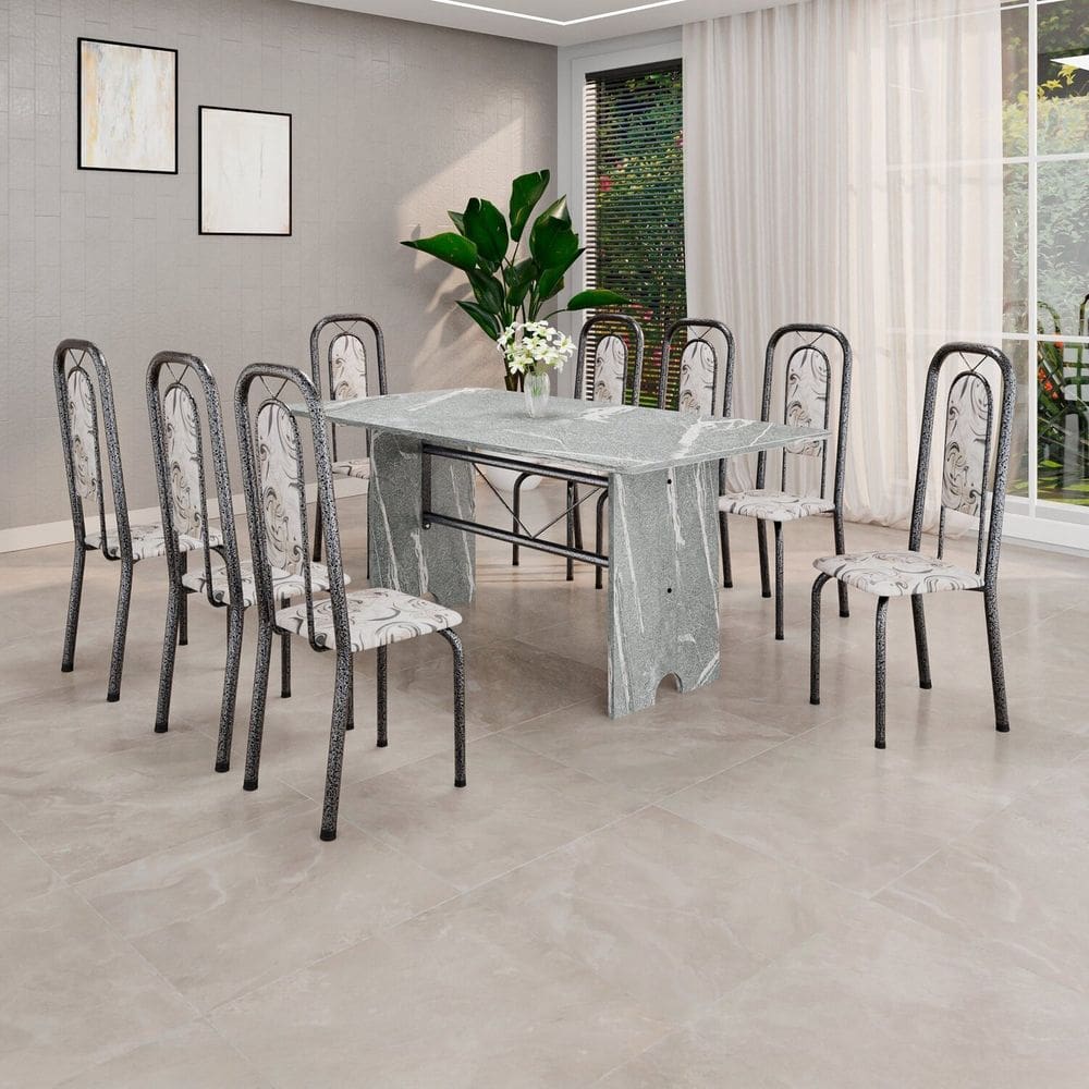 Conjunto Sala de Jantar com 8 Cadeiras Lara Arabesco / Prata