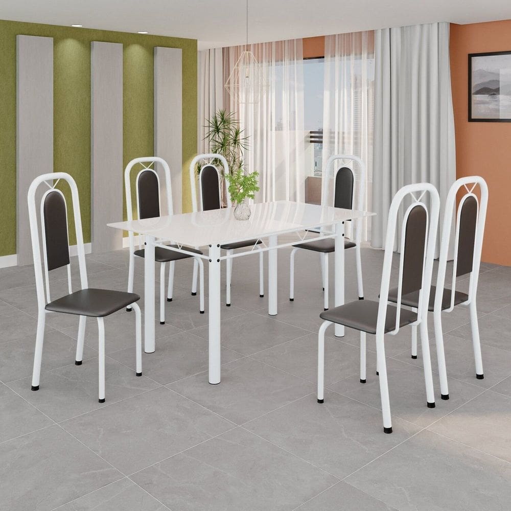 Conjunto de Mesa Tubular com 6 Cadeiras Lara Preto / Branco