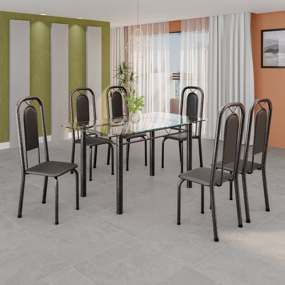 Conjunto de Mesa Tubular com 6 Cadeiras Lara Preto/Prata