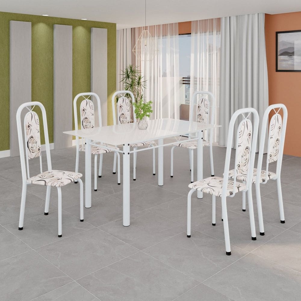 Conjunto de Mesa Tubular com 6 Cadeiras Lara Arabesco / Branco