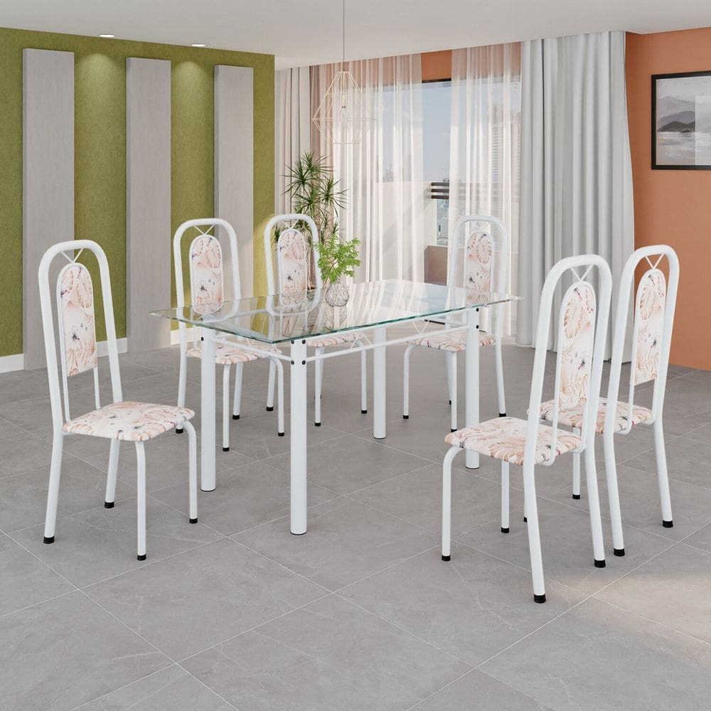 Conjunto de Mesa Tubular com 6 Cadeiras Lara Bege / Branco