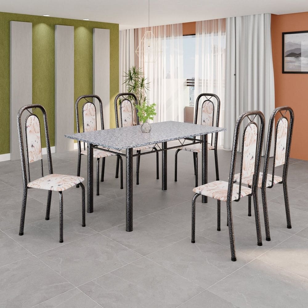 Conjunto Sala de Jantar com 6 Cadeiras Lara Bege / Prata