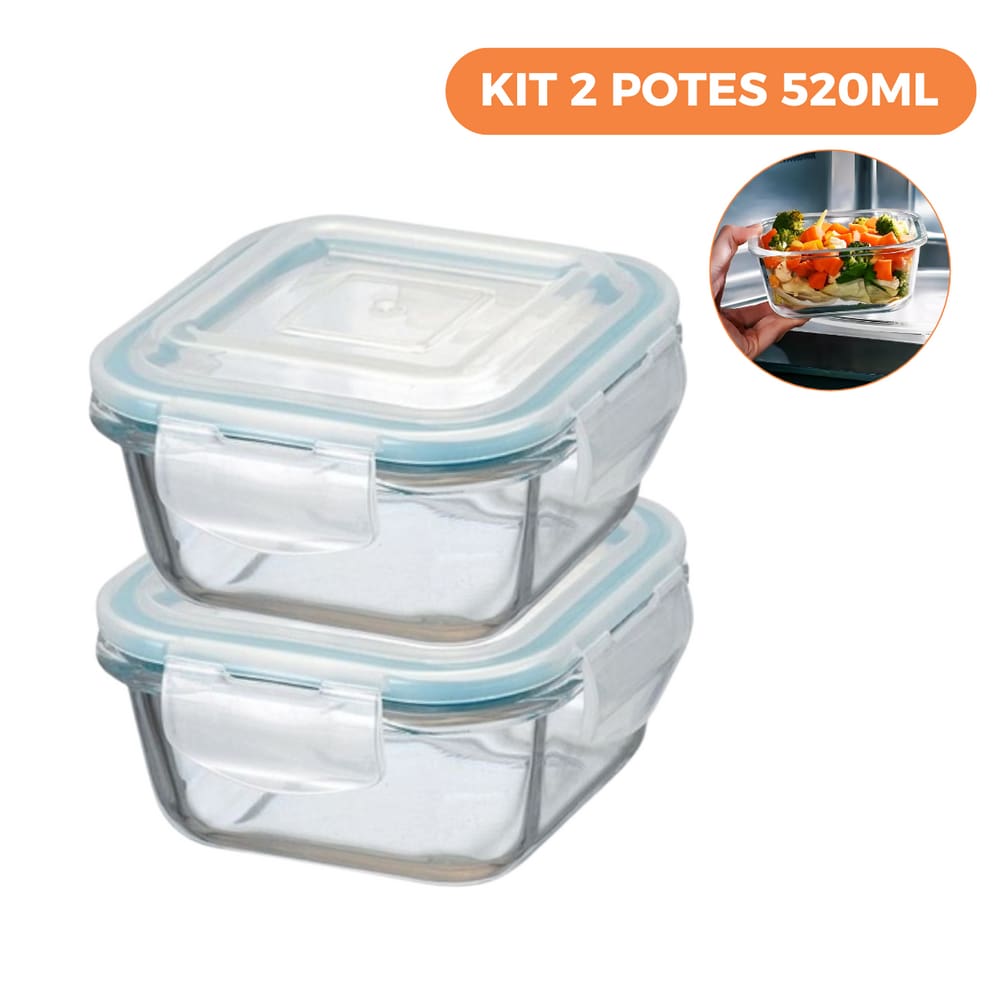Kit 2 Potes de Vidro Herméticos Quadrados 520ml - AD