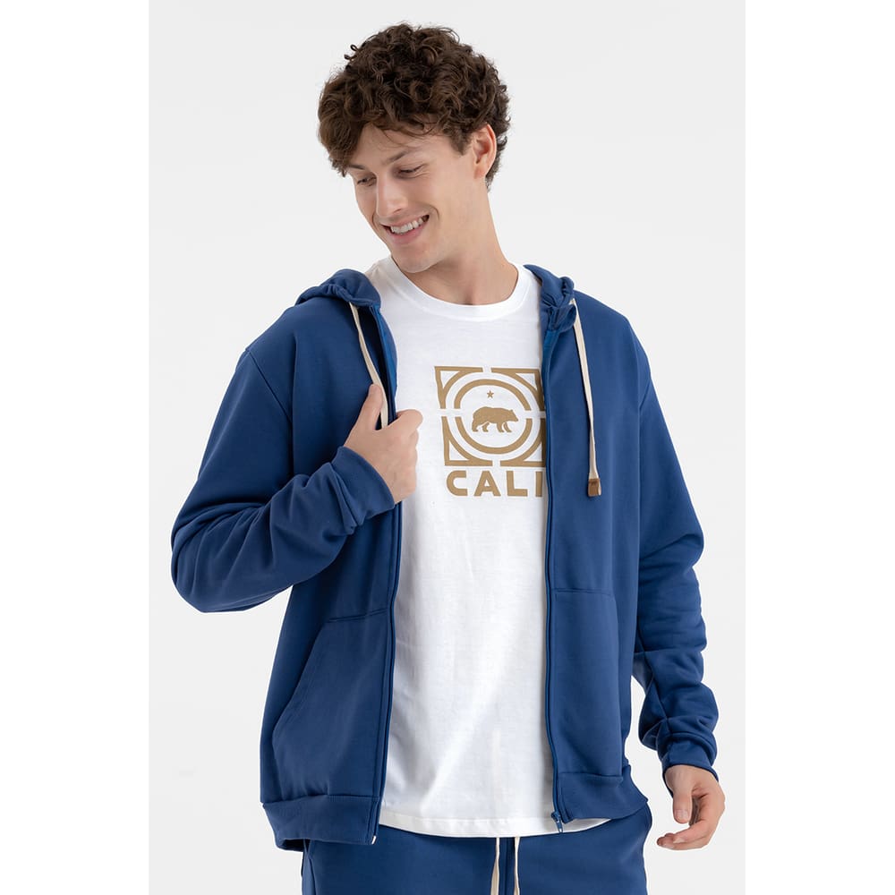 Jaqueta Masculina Básica Moletom com Ziper, Capuz Bolso Canguru Marinho Absoluto