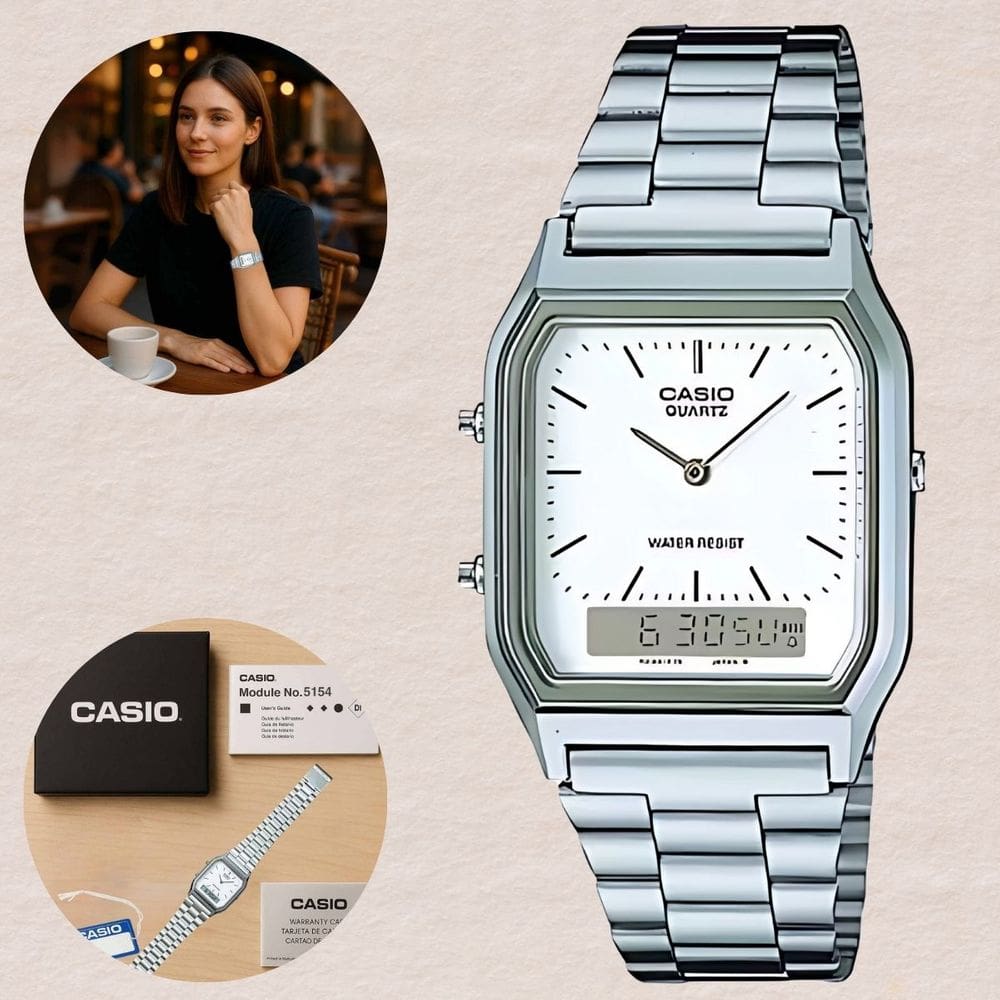Relógio Casio Anadigi Vintage Prata AQ-230A Hora Dual Digital Analógico Alarme Cronômetro Resistência à Água Pulseira Inox