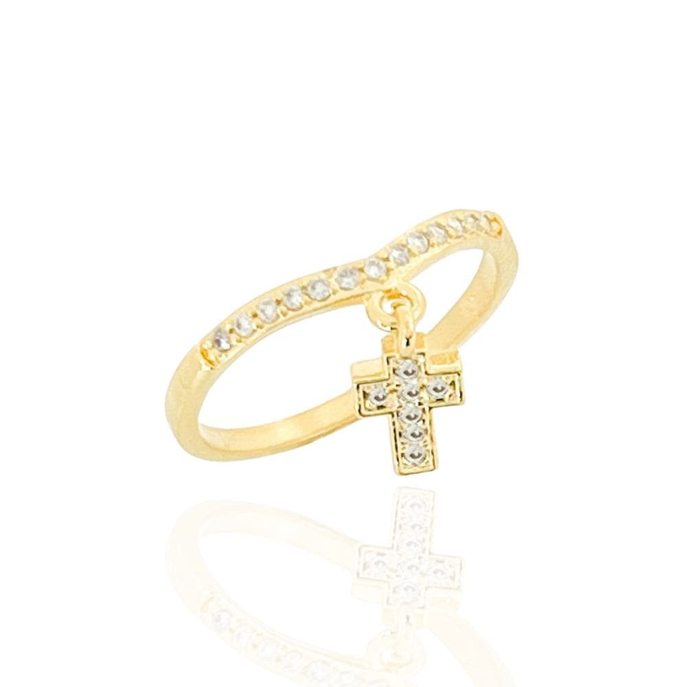 Anel Pingente Crucifixo Zircônia Cristal Banhado a Ouro