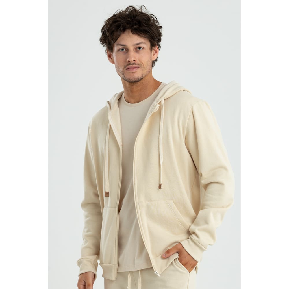 Jaqueta Masculina Básica Moletom com Ziper, Capuz Bolso Canguru Areia Brasileira